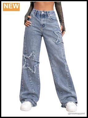 Women's Star Wide Leg High Waisted Baggy Denim Jeans Raw Edge Floor Length